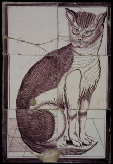 Tile panel, six tiles, purple on white, sitting cat, tile picture ceramic earthenware glaze, baked 2x glazed painted Two broad