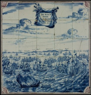 Blue tile picture with purple details, sea battle at Duins led by Maarten Harpertszn. Tromp, tile picture material ceramics