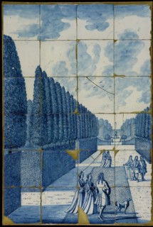 follower of: Cornelis Boumeester, Blue tile picture, walking company in formal garden with fountain and row of trees, tile