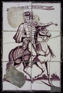 Tile panel, six tiles, purple on white, rider on horseback, with (Gen) erael Podouski, tile picture material ceramic earthenware