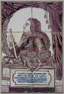 Purple tile tableau, portrait of Stadholder William IV of Orange, framed together with 5438, tile picture material ceramic