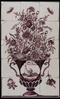Tile panel in manganese, large flowerpot with Chinese on the sidewall, tile picture material ceramics pottery, per tile, baked