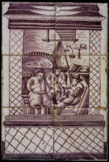 Basement of tile pilaster, six tiles, purple on white, company of three partly drinking and smoking men in interior, with scales