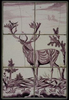 Tile panel, six tiles, purple on white, deer in landscape, tile picture material ceramic earthenware enamel, baked 2x glazed