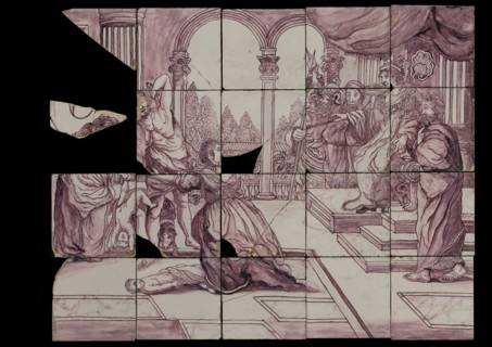 Purple tile picture with the judgment of Solomon, tile picture material ceramics pottery glaze, baked 2x glazed painted Five