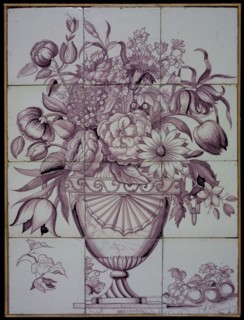 Verwijk?, Tile panel, twelve tiles, purple on white, flower vase, tile picture material ceramics pottery glaze, baked 2x glazed