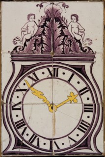 Tile panel, six tiles, purple and yellow on white, pendulum crowned by putti, tile picture material ceramics pottery glaze
