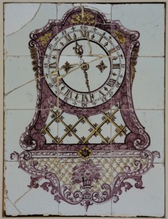 tile manufacturer Schiedamsedijk, Purple with yellow tile picture, Régence console, clock, tile picture material ceramics