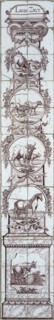 Tile pilaster, purple on white, Ionic pilaster on which Landzigt, four medallions with animal scenes, and on base milking
