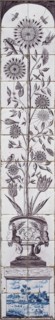 Tile Pillaster, purple, bottom in blue village view, water with rowing boat and swans, on top pedestal vase decorated with putti