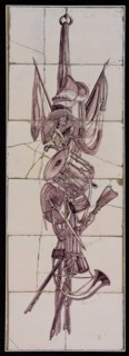 Purple tile tableau, armored trophy with banners, drum, rifle and horn, tile picture material ceramic earthenware glaze metal