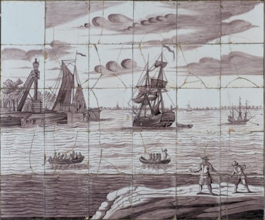 Verwijk, Purple tile picture, berth with ships (Vlaardingen?), tile picture ceramic earthenware glaze, baked 2x glazed painted