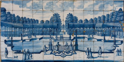 tile manufacturer Delftsevaart, Tile tableau with Buitenplaats Ouderhoek on the Vecht with formal garden and fountain, tile