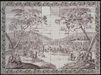 Purple tile picture, the first miraculous feeding, tile picture material ceramics pottery glaze wood, baked 2x glazed painted