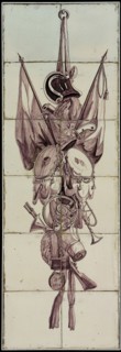 Purple tile tableau, armory trophy with banners, sword, drums and wind instruments, tile picture material ceramic earthenware
