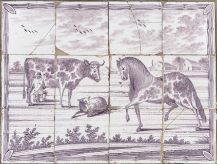 Purple tile picture with cow, horse and sheep, tile picture material ceramics pottery glaze wood, baked 2x glazed painted Four