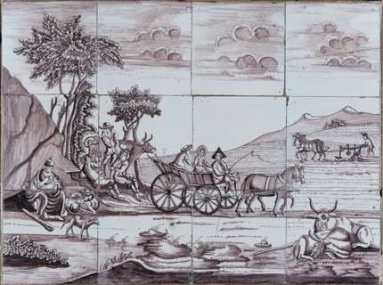 atelier Verwijk, van Traa, Purple tile picture with landscape with farm wagon, plowing farmer, nursing mother, tile picture