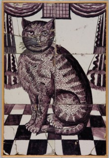Van der Wolk?, Purple tile tableau, sitting cat facing left, on black and white checkered floor, looks at the viewer, tile