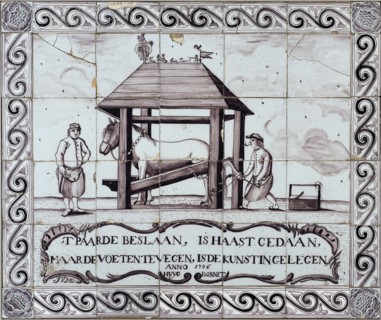 J. van der Vliet, Purple tile picture, farrier at work, tile picture material ceramic earthenware glaze wood, baked 2x glazed