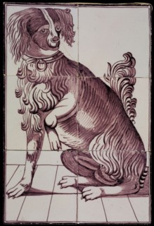 Tile panel, six tiles, purple on white, sitting dog, tile picture material ceramics pottery glaze, baked 2x glazed painted