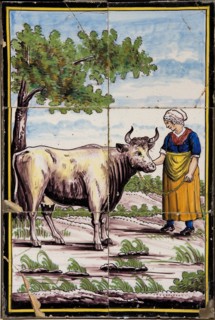 Polychrome tile picture, peasant woman with cow, tile picture material ceramics pottery glaze tin glaze, baked 2x glazed painted