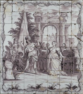 Verwijk, Purple tile tableau, Jefta and his daughter, tile picture material ceramics pottery glaze wood, baked 2x glazed painted