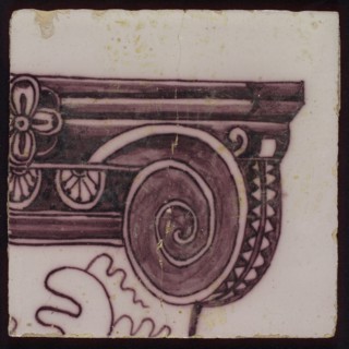Tile of purple tile pilaster with twisted column with leaves of leaves, grapes, spiders, insects and bird, tile pilaster footage