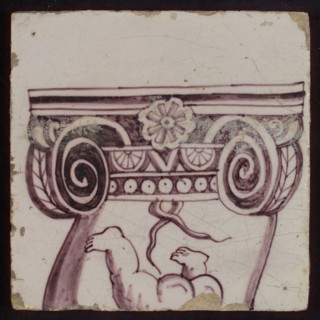 Tile of purple pilaster with twisted column around which branch of leaves, bunches of grapes and angels, tile pilaster footage