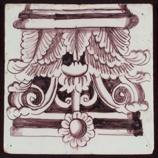 Tile of pilaster with purple corinthian capitals, tile pilaster image fragment ceramic earthenware glaze, baked 2x glazed