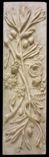 White rectangular relief, with two mistletoe branches and spreading flowers, relief marble stone, fireplace