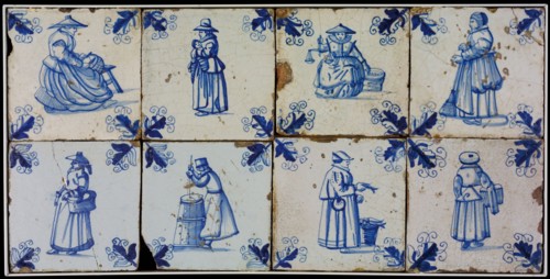 Tile field, eight tiles, blue on white, among others fish seller and woman with scale, corner motif, tiled field wall tile