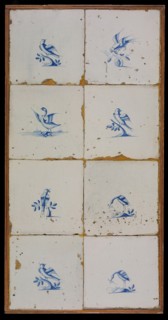 Tile field, eight tiles, blue on white, birds, among others two storks or herons, tiled field wall tile sculpture ceramic
