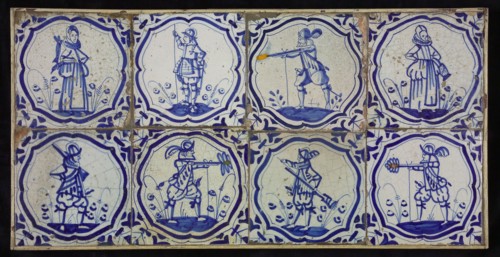 Tile field, eight tiles, blue on white, six warriors, two women, all in brace-frame, corner motif, wing, tiled field wall tile