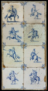 Tile field, eight tiles, blue on white, riders, corner motifs ox's head, tiled field wall tile tile sculpture ceramic