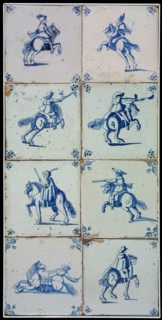 Tile field, eight tiles, blue on white, horseman, corner motif ox's head, tile field wall tile tile sculpture ceramic
