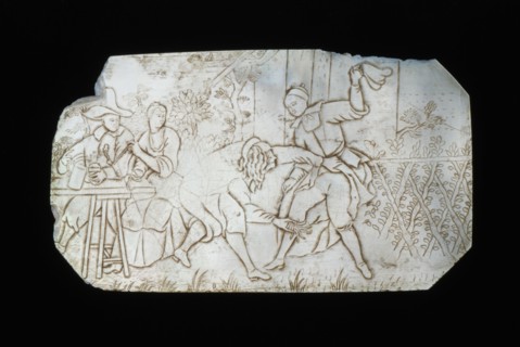 Panel of mother-of-pearl with incised scene from play or saying, embossed nacre shell, Panel of mother-of-pearl