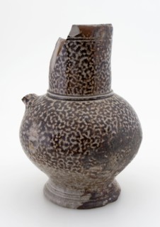 Stoneware jug, ball model with cylindrical neck, brown and gray mottled glazed, jug crockery holder soil find ceramic stoneware