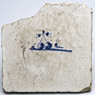 Earthenware tile, without corner decoration, with cherries in blue on white ground, wall tile tile visualization earth discovery