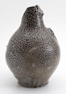 Stoneware jug, gray and brown speckled glazed, convex model on stand, jug soil find ceramic stoneware glaze salt glaze, surface