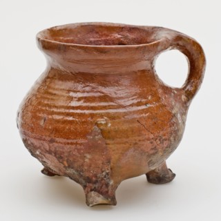 Pottery cooking pot, cooking jug, small model with one sausage ear, on three legs, cooking pot tableware holder kitchenware