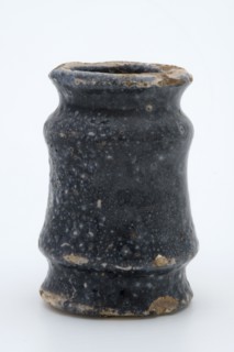 Pottery ointment jar, cylindrical with three constrictions, black speckled glazed, ointment jar pot holder soil find ceramic