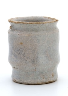 Pottery ointment jar, cylindrical with three constrictions, glazed in gray white, ointment jar pot holder soil find ceramic