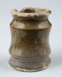 Pottery ointment jar, tapered with three nips, purple-brown speckled glazed, ointment jar pot holder soil find ceramic