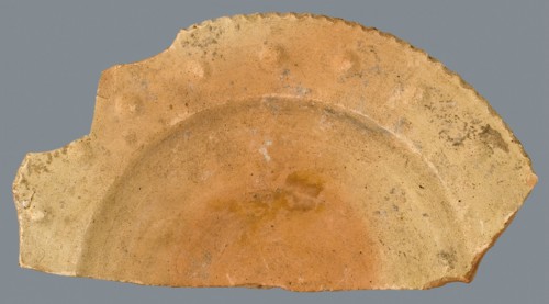 Fragment earthenware dish with nubs in the rim, biscuit, without glaze, plate dish crockery holder soil find ceramic earthenware