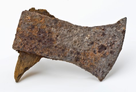 Small-sized ax with relatively high top of downside facing side, ax tool equipment earth discovery iron wood metal, archeology