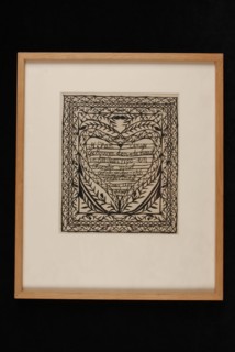 Cutting art of black paper on white ground, with text in heart shape about N. Van Eenige and Tuentje Vooys, married in 1812