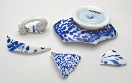 Fragments of white glass bowl decorated with blue glasspetters, bowl bowl dish holder soil find glass, hand blown Five fragments