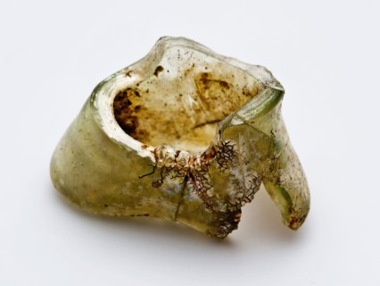 Two neck fragments of bottle, green and blue glass, bottle holder soil find glass, free blown Neck fragments of bottles
