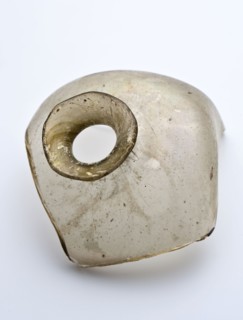 Two neck fragments of hand-blown bottles, one round, one square, bottle holder bottomfound glass, blown into shape Two neck