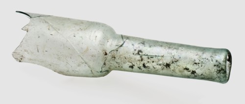 Two neck fragments of hand-blown bottles, long necks, one of which is cylindrical, bottle holder bottomfound glass, free blown